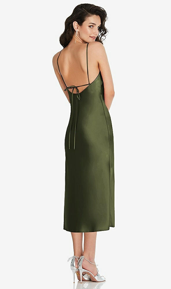 Back View - Olive Green Open-Back Convertible Strap Midi Bias Slip Dress
