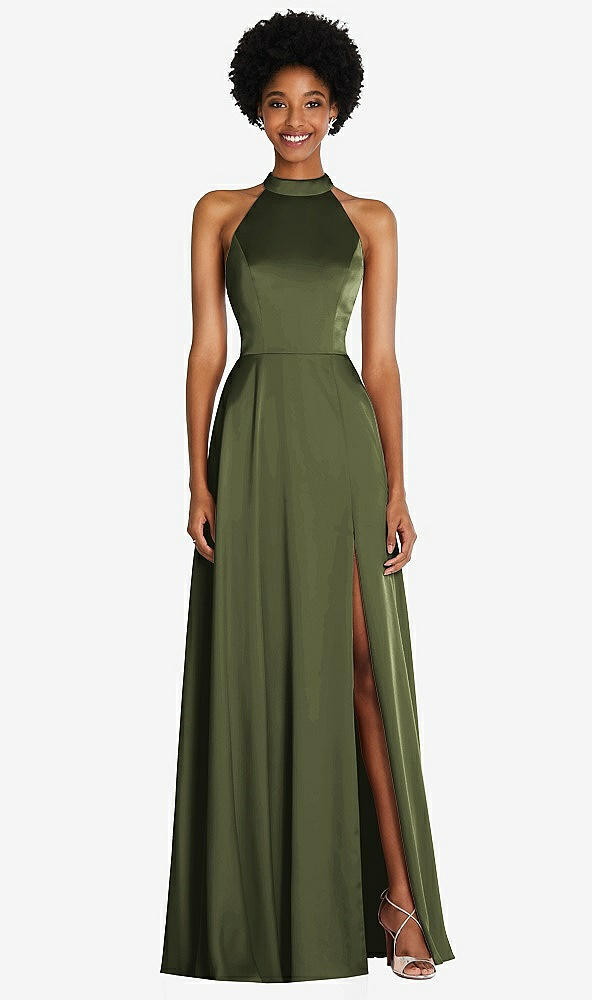 Front View - Olive Green Stand Collar Cutout Tie Back Maxi Dress with Front Slit