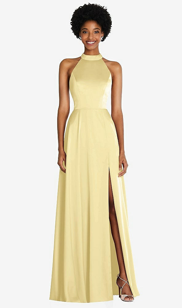 Front View - Pale Yellow Stand Collar Cutout Tie Back Maxi Dress with Front Slit