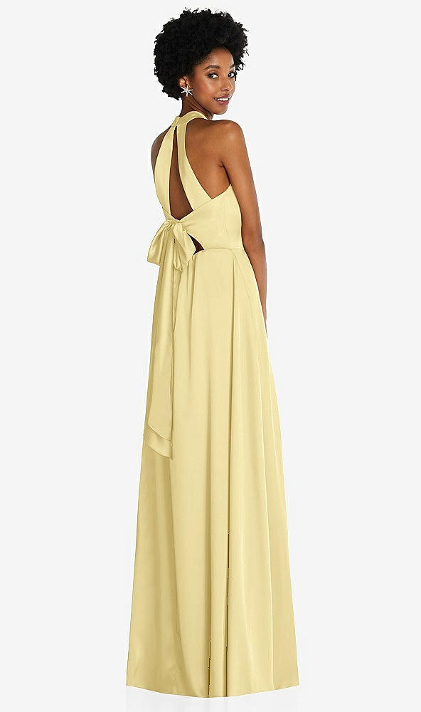 Back View - Pale Yellow Stand Collar Cutout Tie Back Maxi Dress with Front Slit