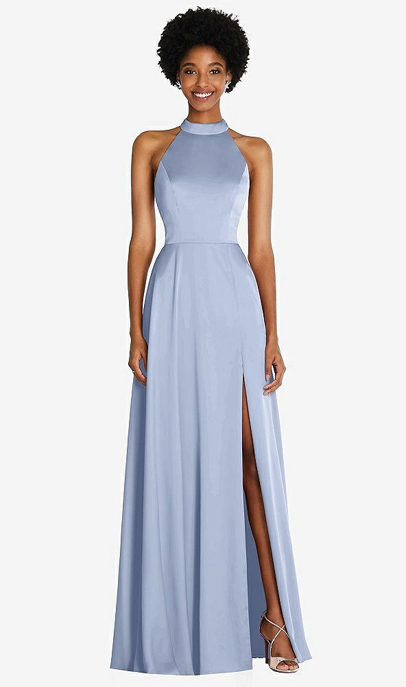 Front View - Sky Blue Stand Collar Cutout Tie Back Maxi Dress with Front Slit