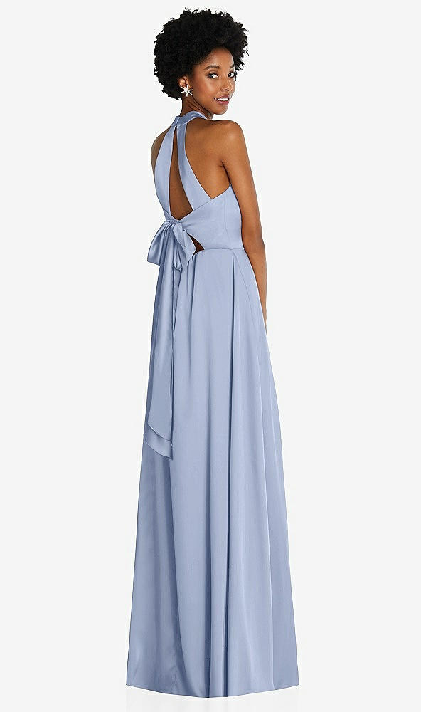 Back View - Sky Blue Stand Collar Cutout Tie Back Maxi Dress with Front Slit