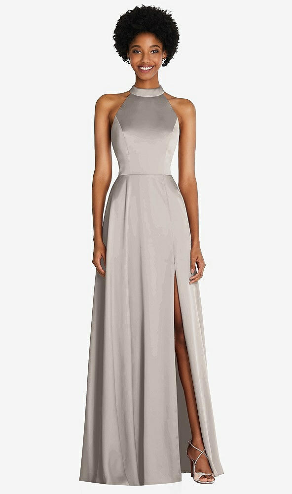 Front View - Taupe Stand Collar Cutout Tie Back Maxi Dress with Front Slit