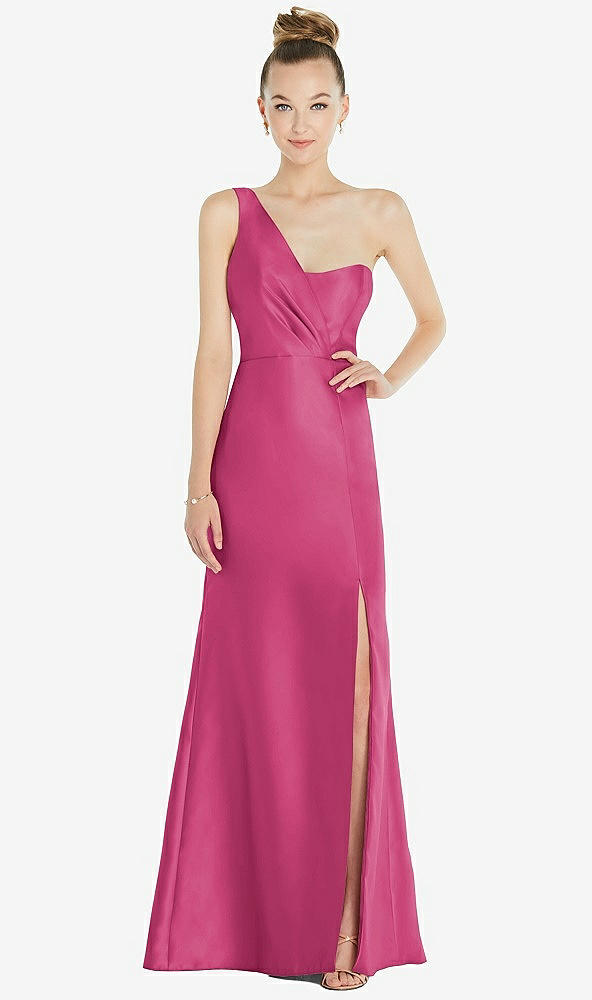 Front View - Tea Rose Draped One-Shoulder Satin Trumpet Gown with Front Slit