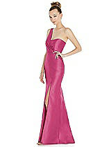 Side View Thumbnail - Tea Rose Draped One-Shoulder Satin Trumpet Gown with Front Slit