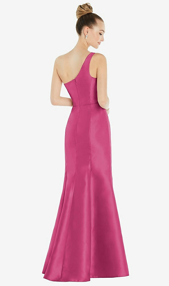 Back View - Tea Rose Draped One-Shoulder Satin Trumpet Gown with Front Slit