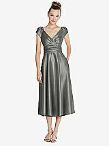 Front View Thumbnail - Charcoal Gray Cap Sleeve Faux Wrap Satin Midi Dress with Pockets