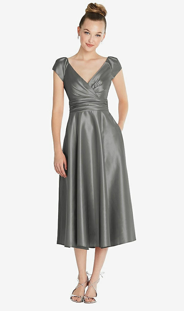 Front View - Charcoal Gray Cap Sleeve Faux Wrap Satin Midi Dress with Pockets