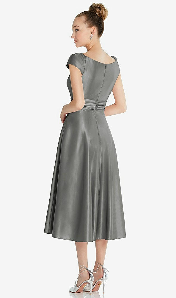 Back View - Charcoal Gray Cap Sleeve Faux Wrap Satin Midi Dress with Pockets