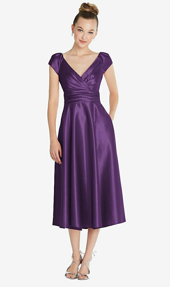 Front View - Majestic Cap Sleeve Faux Wrap Satin Midi Dress with Pockets