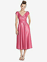 Front View Thumbnail - Punch Cap Sleeve Faux Wrap Satin Midi Dress with Pockets