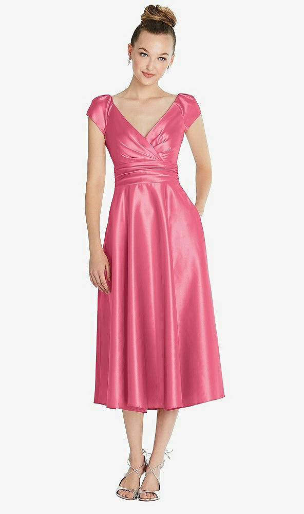 Front View - Punch Cap Sleeve Faux Wrap Satin Midi Dress with Pockets