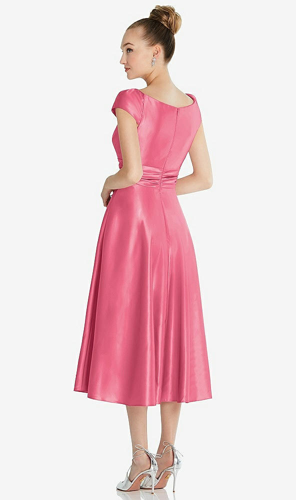 Back View - Punch Cap Sleeve Faux Wrap Satin Midi Dress with Pockets