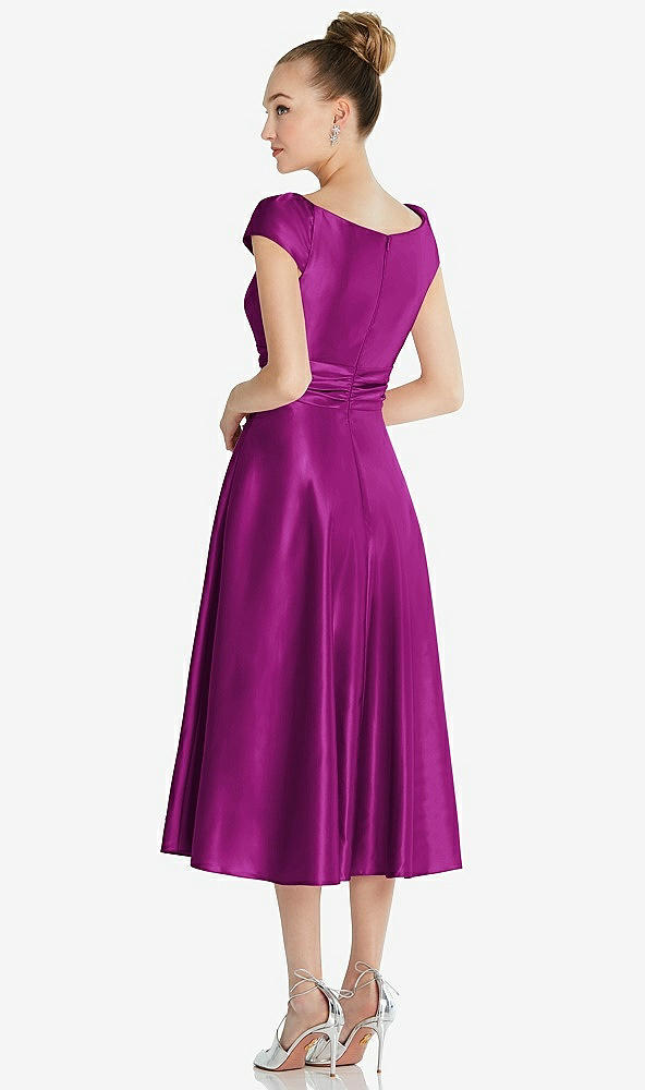 Back View - Persian Plum Cap Sleeve Faux Wrap Satin Midi Dress with Pockets