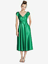 Front View Thumbnail - Pantone Emerald Cap Sleeve Faux Wrap Satin Midi Dress with Pockets