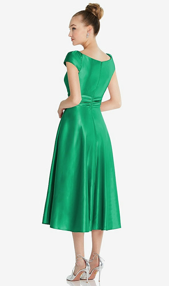 Back View - Pantone Emerald Cap Sleeve Faux Wrap Satin Midi Dress with Pockets