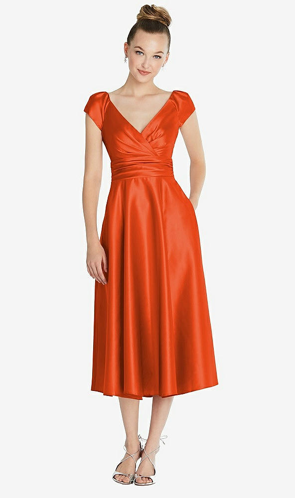 Front View - Tangerine Tango Cap Sleeve Faux Wrap Satin Midi Dress with Pockets