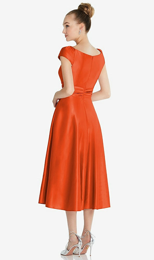 Back View - Tangerine Tango Cap Sleeve Faux Wrap Satin Midi Dress with Pockets