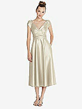 Front View Thumbnail - Champagne Cap Sleeve Faux Wrap Satin Midi Dress with Pockets