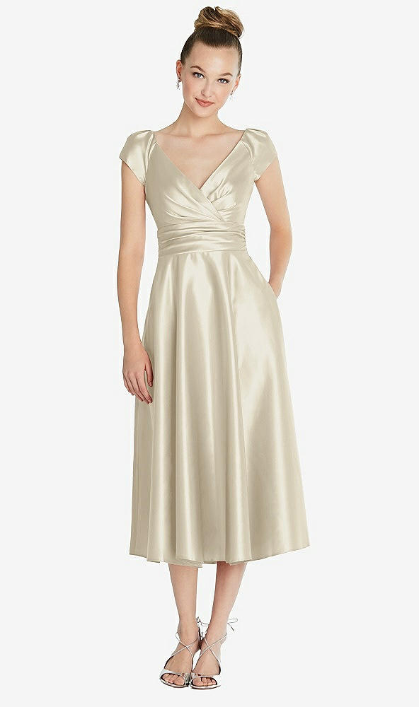 Front View - Champagne Cap Sleeve Faux Wrap Satin Midi Dress with Pockets