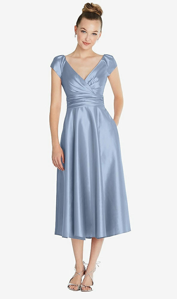 Front View - Cloudy Cap Sleeve Faux Wrap Satin Midi Dress with Pockets