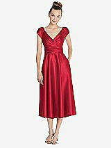 Front View Thumbnail - Flame Cap Sleeve Faux Wrap Satin Midi Dress with Pockets