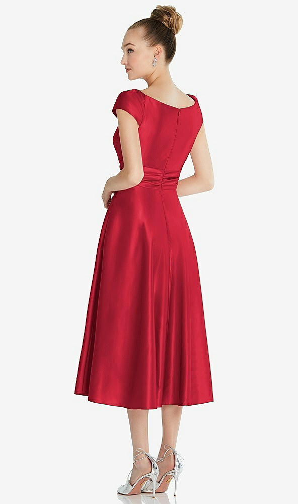 Back View - Flame Cap Sleeve Faux Wrap Satin Midi Dress with Pockets