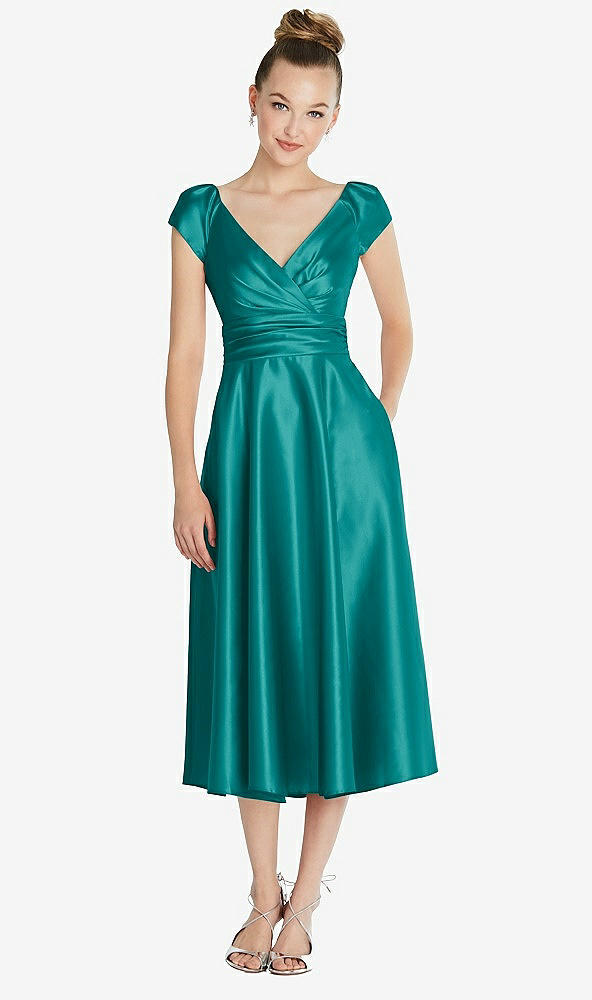 Front View - Jade Cap Sleeve Faux Wrap Satin Midi Dress with Pockets