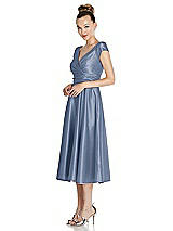 Side View Thumbnail - Larkspur Blue Cap Sleeve Faux Wrap Satin Midi Dress with Pockets