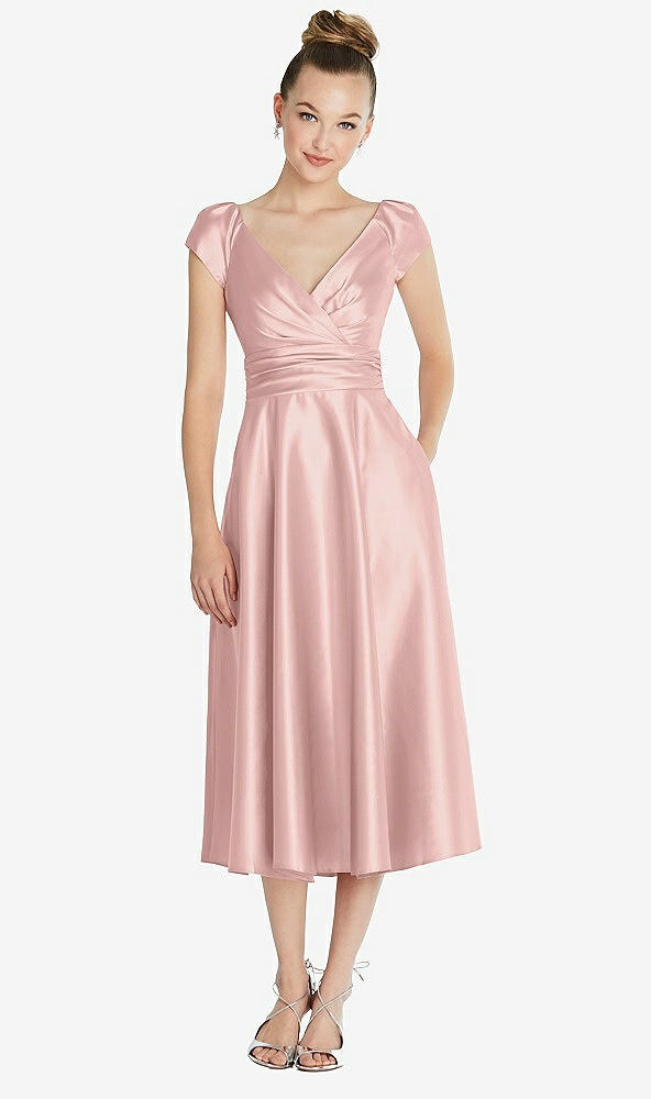 Front View - Rose - PANTONE Rose Quartz Cap Sleeve Faux Wrap Satin Midi Dress with Pockets