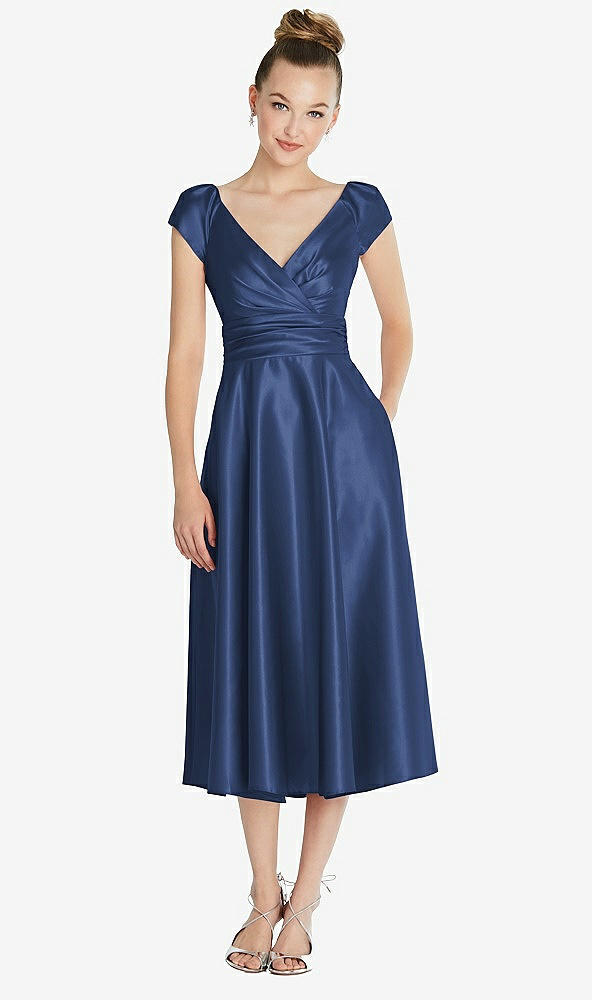 Front View - Sailor Cap Sleeve Faux Wrap Satin Midi Dress with Pockets