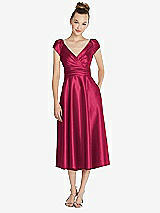 Front View Thumbnail - Valentine Cap Sleeve Faux Wrap Satin Midi Dress with Pockets