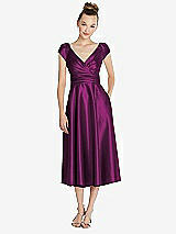 Front View Thumbnail - Wild Berry Cap Sleeve Faux Wrap Satin Midi Dress with Pockets