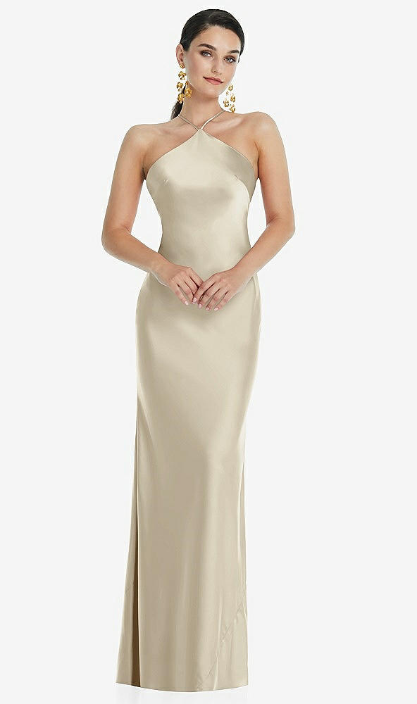 Front View - Champagne Diamond Halter Bias Maxi Slip Dress with Convertible Straps