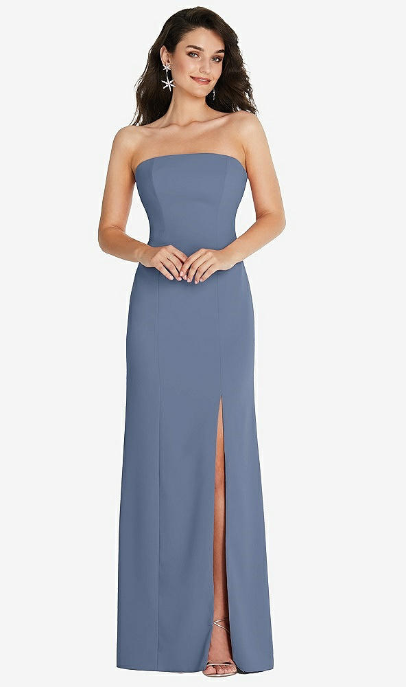 Front View - Larkspur Blue Strapless Scoop Back Maxi Dress with Front Slit