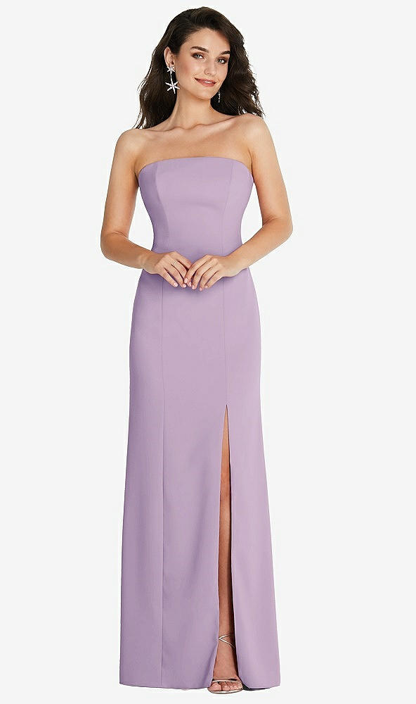Front View - Pale Purple Strapless Scoop Back Maxi Dress with Front Slit