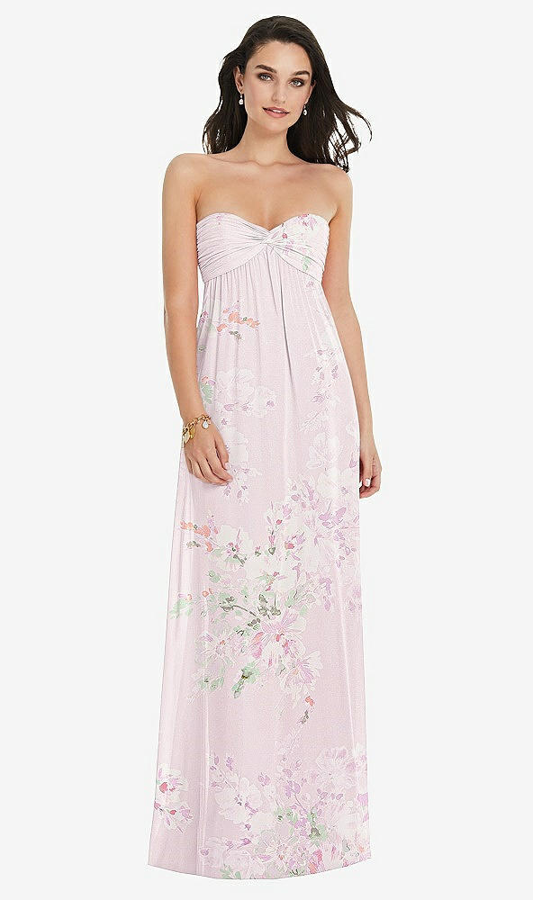 Front View - Watercolor Print Twist Shirred Strapless Empire Waist Gown with Optional Straps