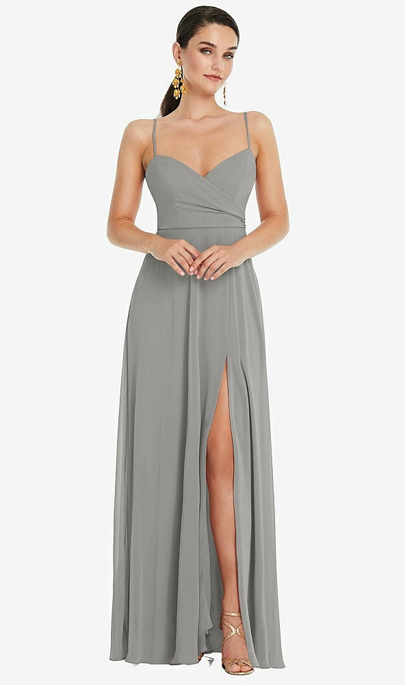 Front View - Chelsea Gray Adjustable Strap Wrap Bodice Maxi Dress with Front Slit 