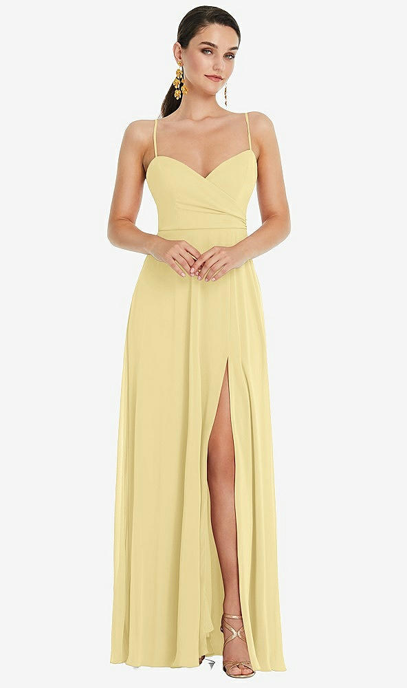 Front View - Pale Yellow Adjustable Strap Wrap Bodice Maxi Dress with Front Slit 