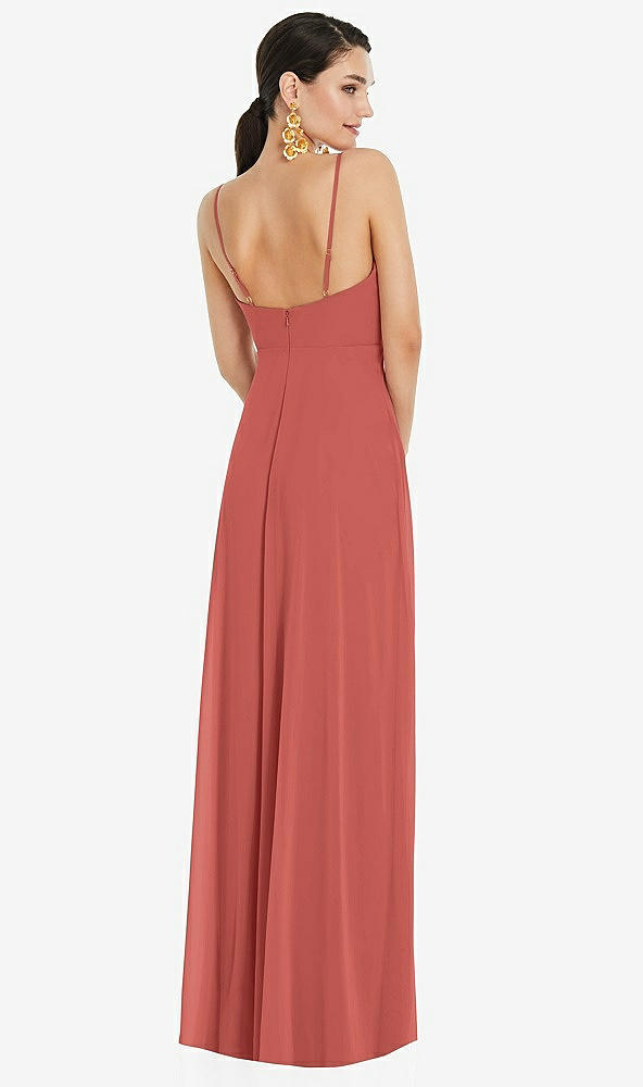 Back View - Coral Pink Adjustable Strap Wrap Bodice Maxi Dress with Front Slit 