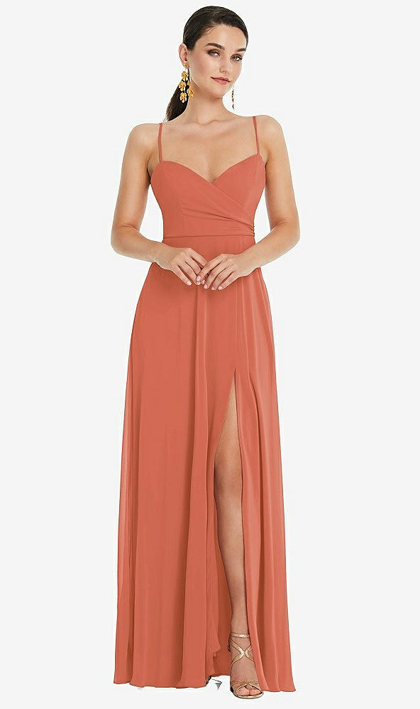 Front View - Terracotta Copper Adjustable Strap Wrap Bodice Maxi Dress with Front Slit 