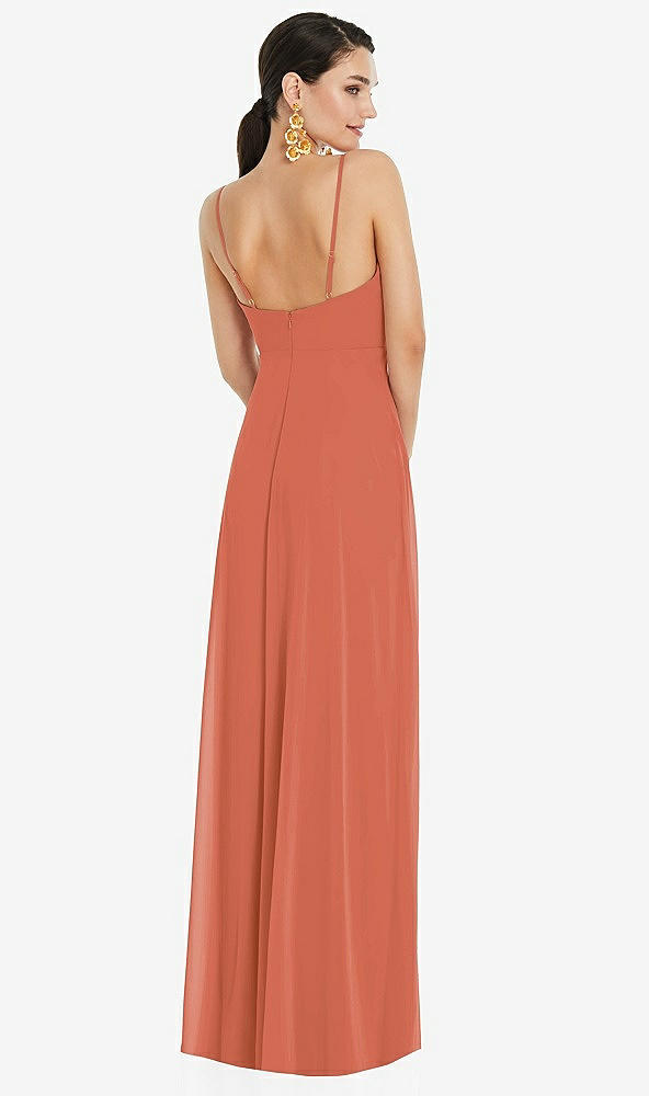 Back View - Terracotta Copper Adjustable Strap Wrap Bodice Maxi Dress with Front Slit 