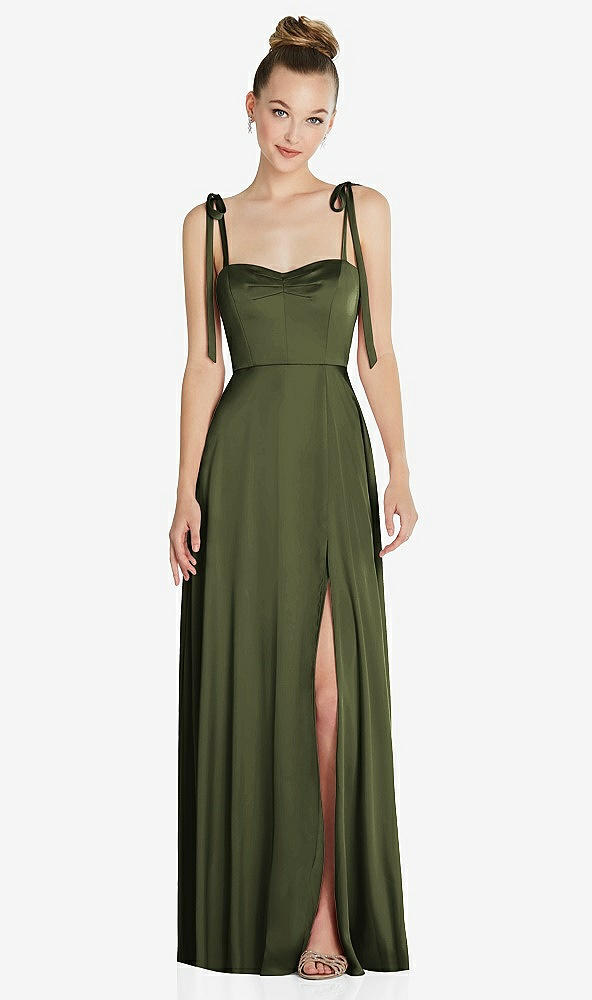 Front View - Olive Green Tie Shoulder A-Line Maxi Dress