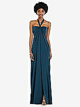 Front View Thumbnail - Atlantic Blue Draped Satin Grecian Column Gown with Convertible Straps