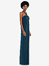 Side View Thumbnail - Atlantic Blue Draped Satin Grecian Column Gown with Convertible Straps