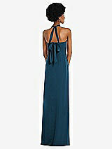 Rear View Thumbnail - Atlantic Blue Draped Satin Grecian Column Gown with Convertible Straps