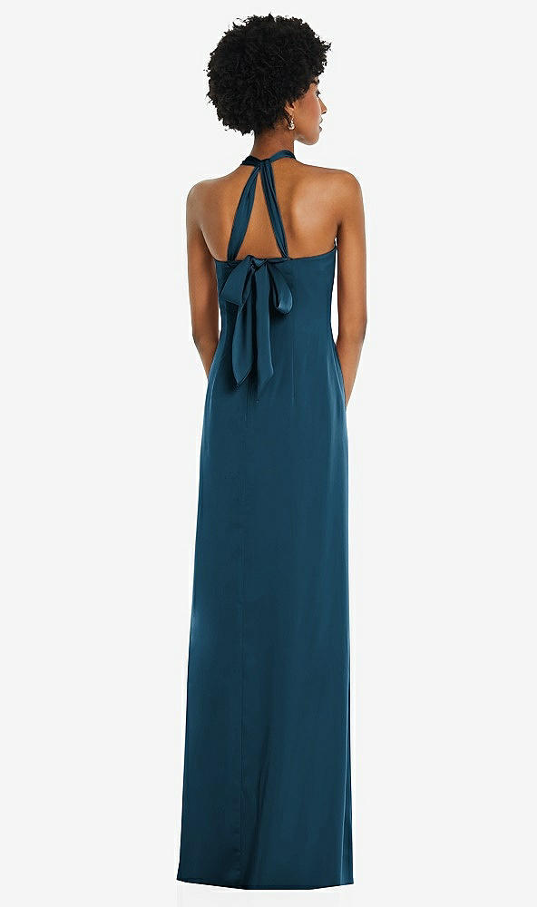 Back View - Atlantic Blue Draped Satin Grecian Column Gown with Convertible Straps
