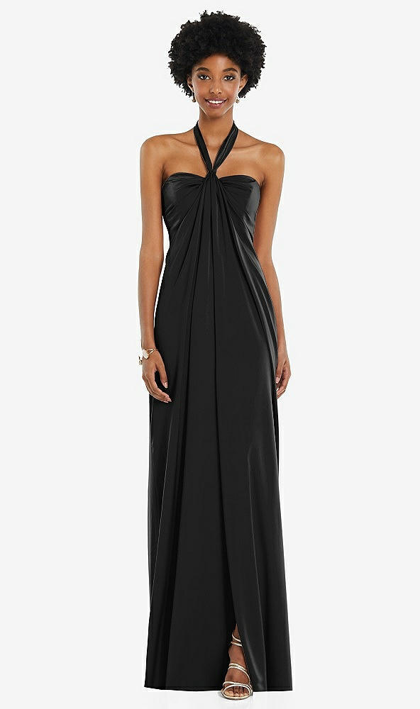 Front View - Black Draped Satin Grecian Column Gown with Convertible Straps