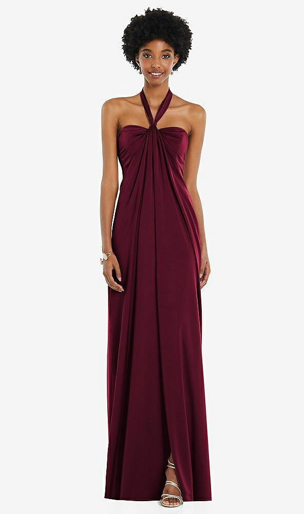 Front View - Cabernet Draped Satin Grecian Column Gown with Convertible Straps