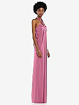 Side View Thumbnail - Orchid Pink Draped Satin Grecian Column Gown with Convertible Straps